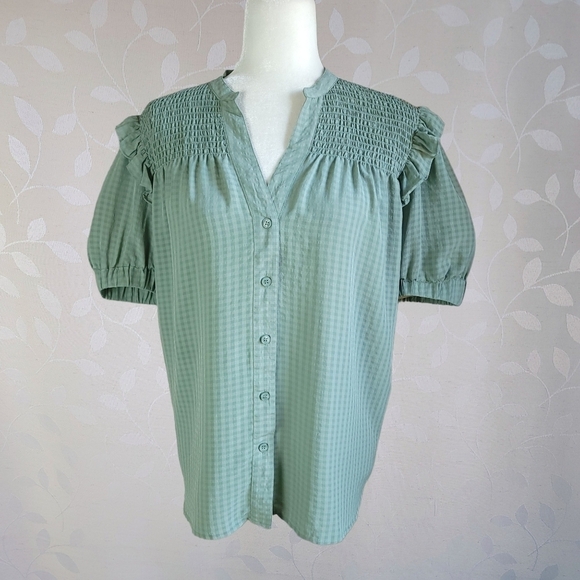 Ann Taylor Gingham Pattern Shirred Ruffle Puff Sleeve Prairie Top Sage Green M - Picture 2 of 12
